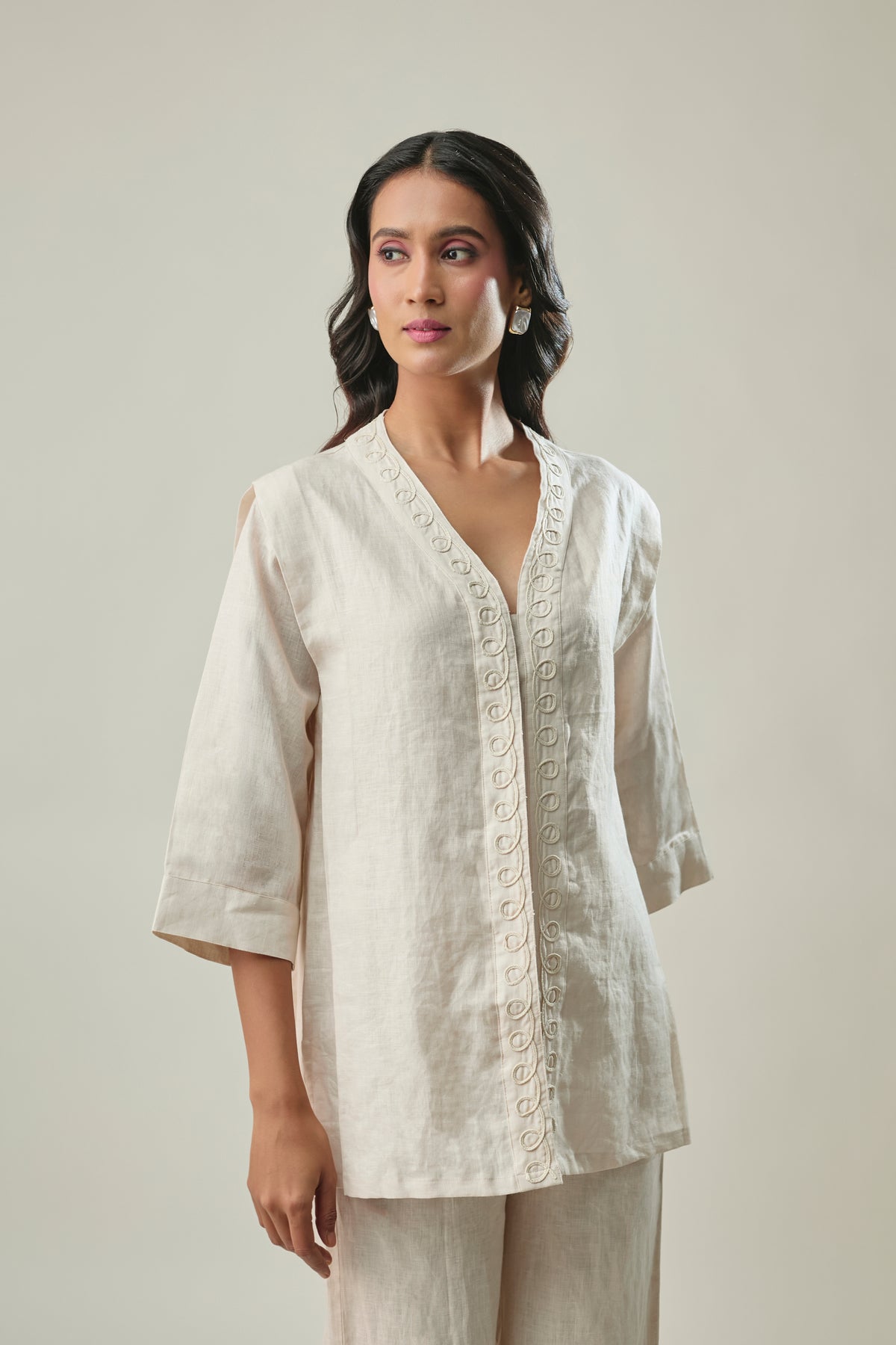 Ivory Pure Linen Co-Ord Set With Cord Work Embroidery