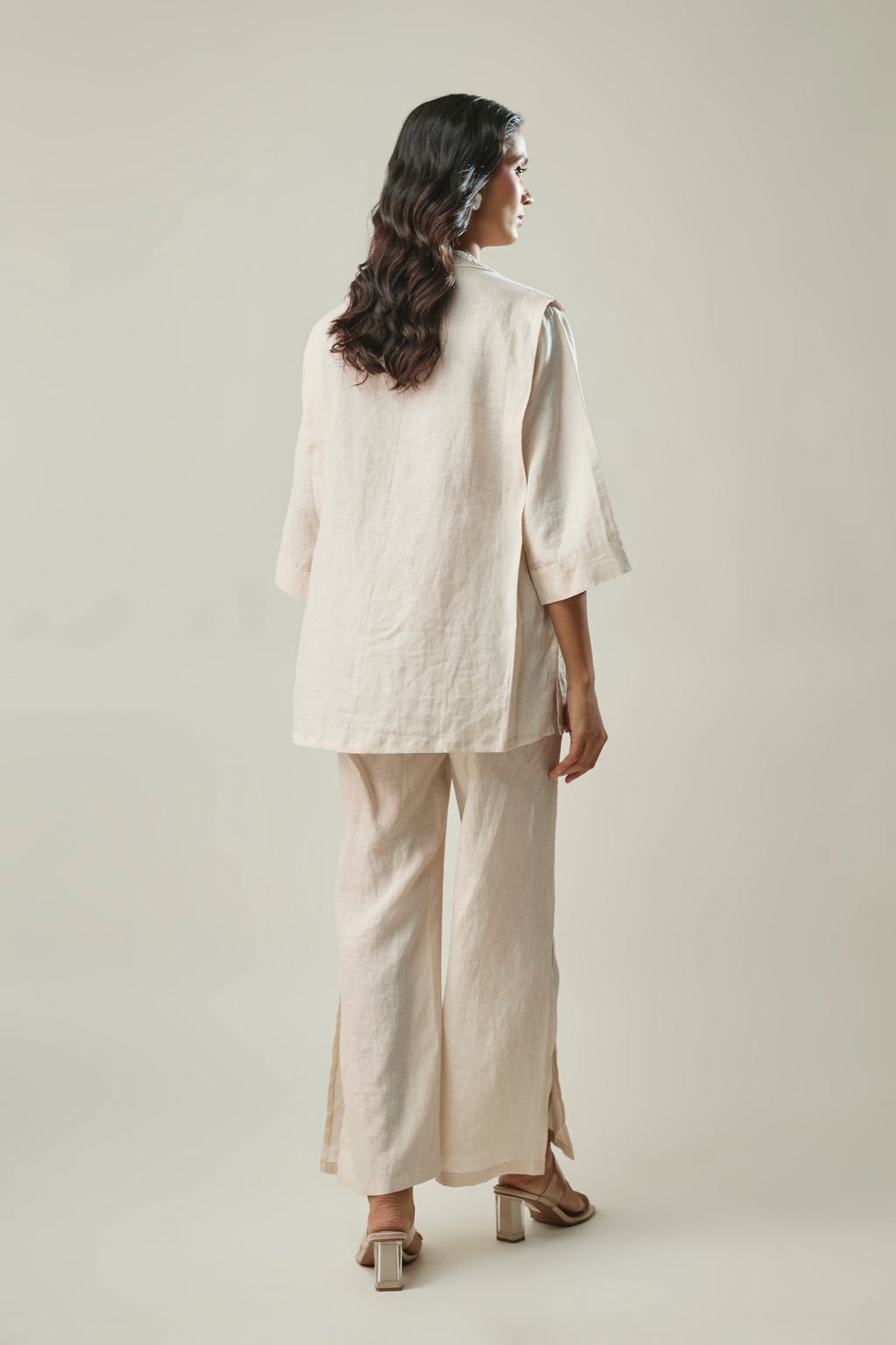 Model wearing ivory pure linen co-ord set