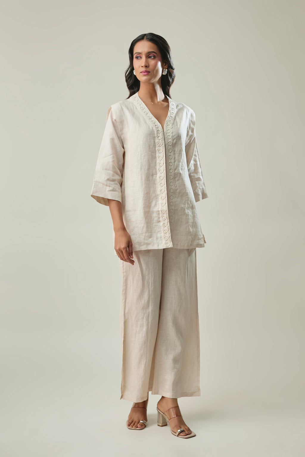 Ivory pure linen co-ord set front view
