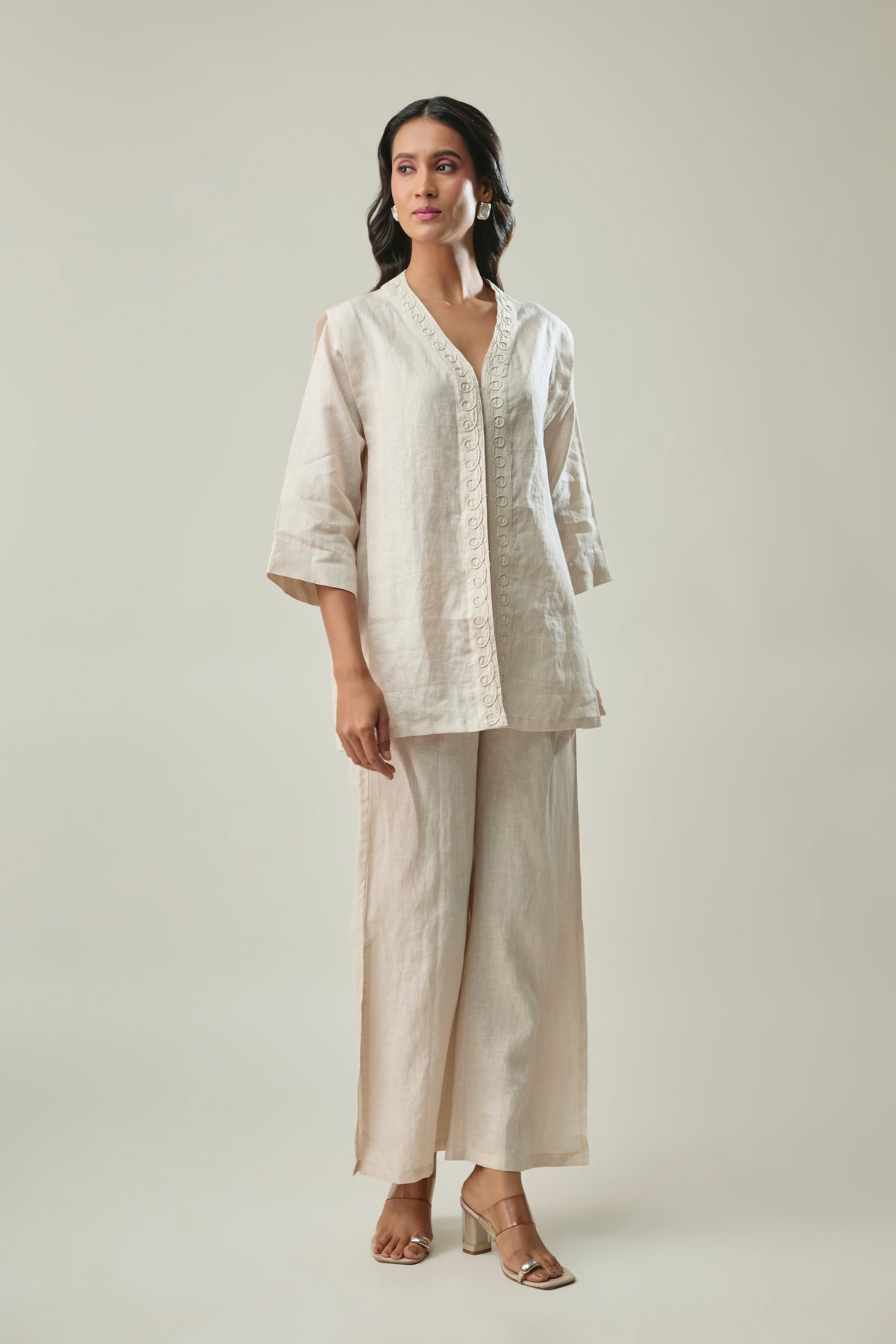 Ivory pure linen co-ord set front view