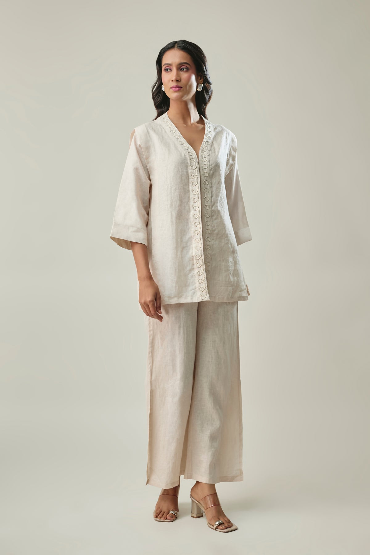 Ivory Pure Linen Co-Ord Set With Cord Work Embroidery