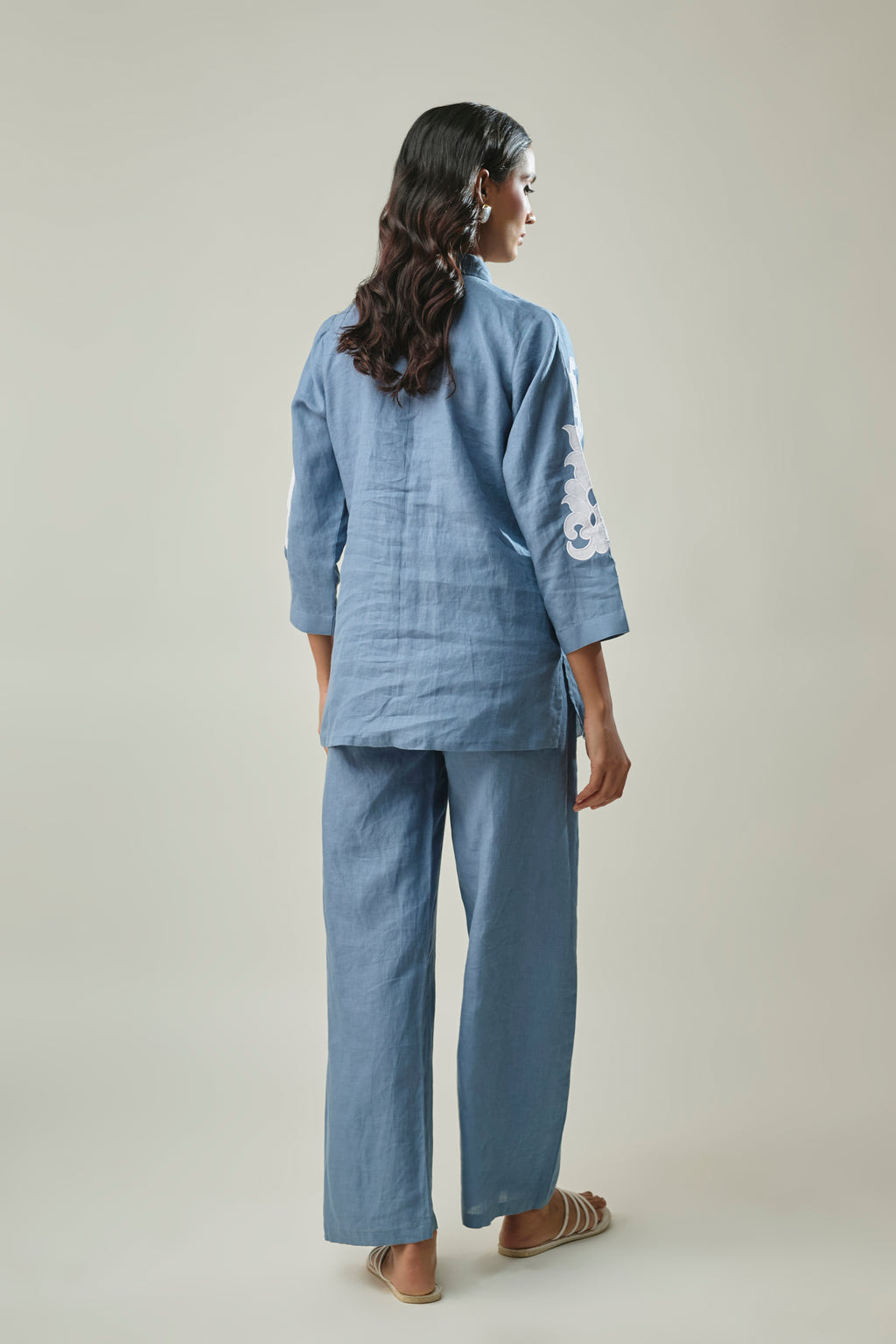 Model wearing blue pure linen co-ord set