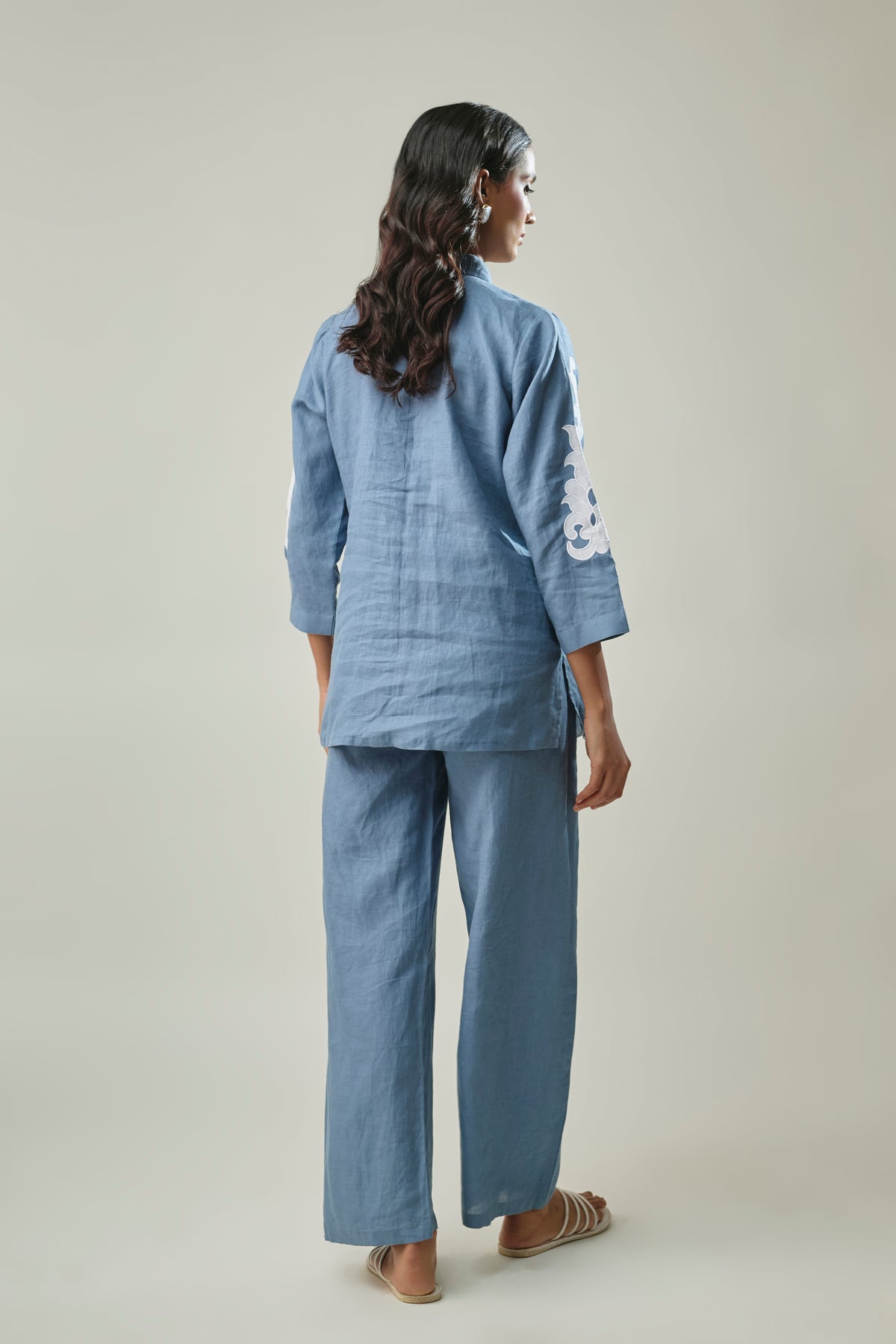 Model wearing blue pure linen co-ord set