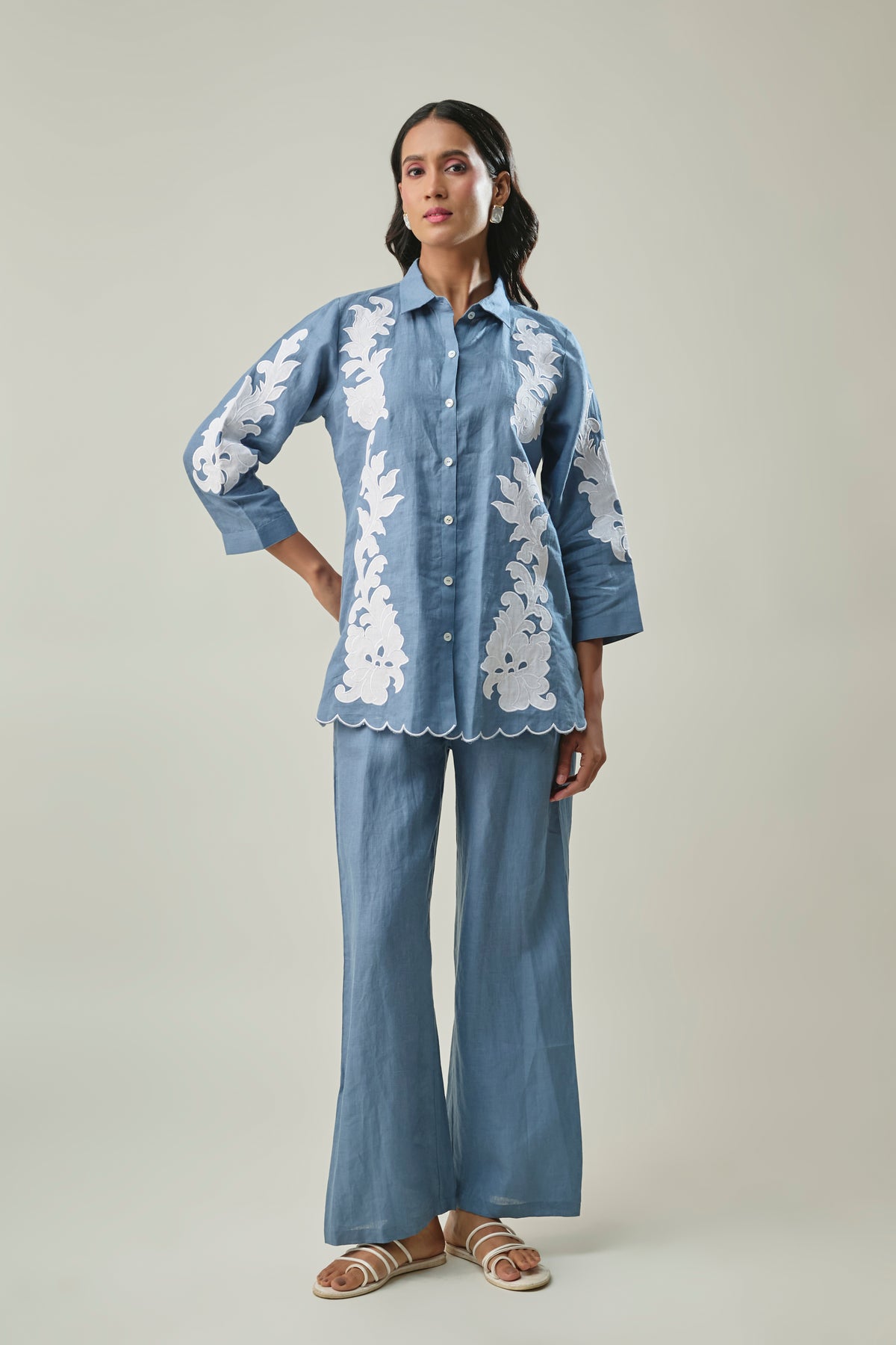 Blue pure linen co-ord set front view