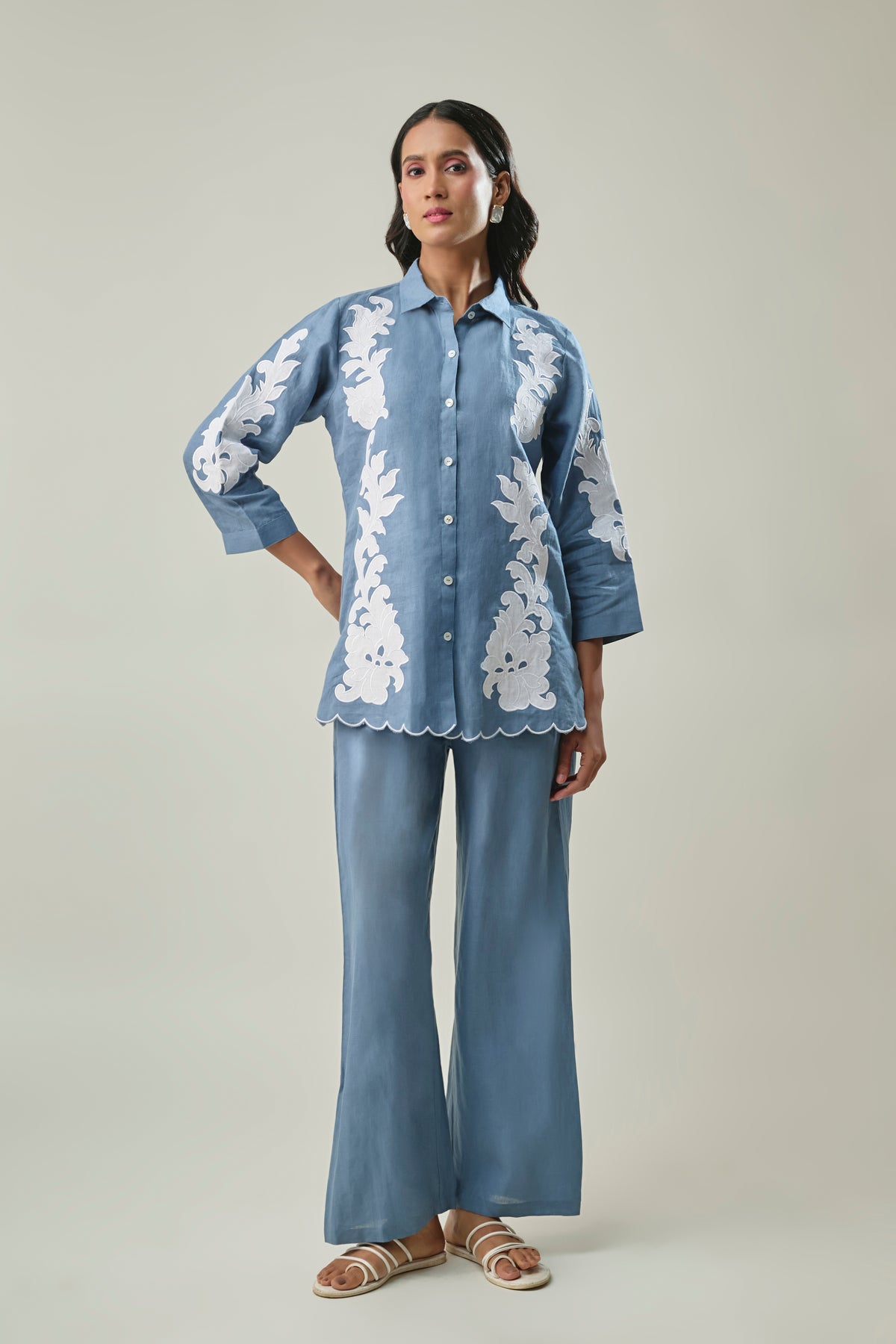 Blue Pure Linen Co-Ord Set With Floral Applique Embroidery