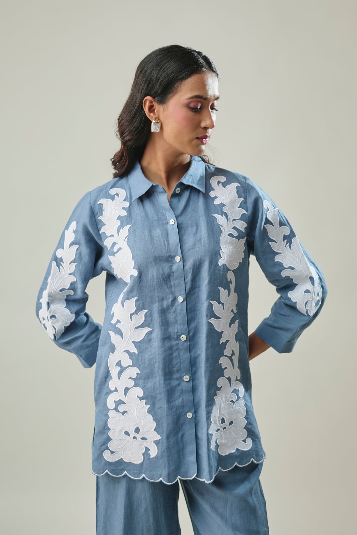 Blue co-ord set floral appliqué embroidery detail