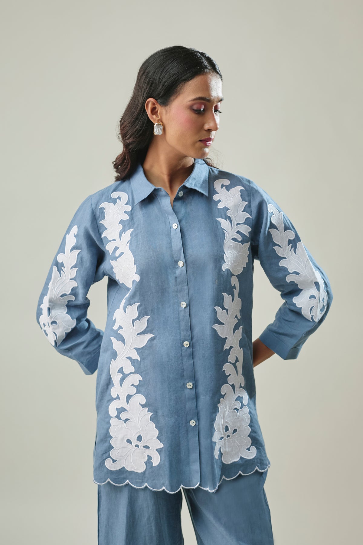 Blue Pure Linen Co-Ord Set With Floral Applique Embroidery