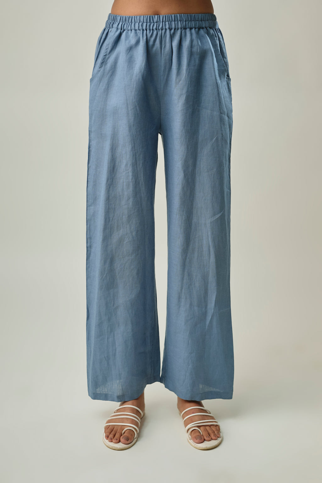 Blue Pure Linen Co-ord Set with Floral Appliqué Embroidery