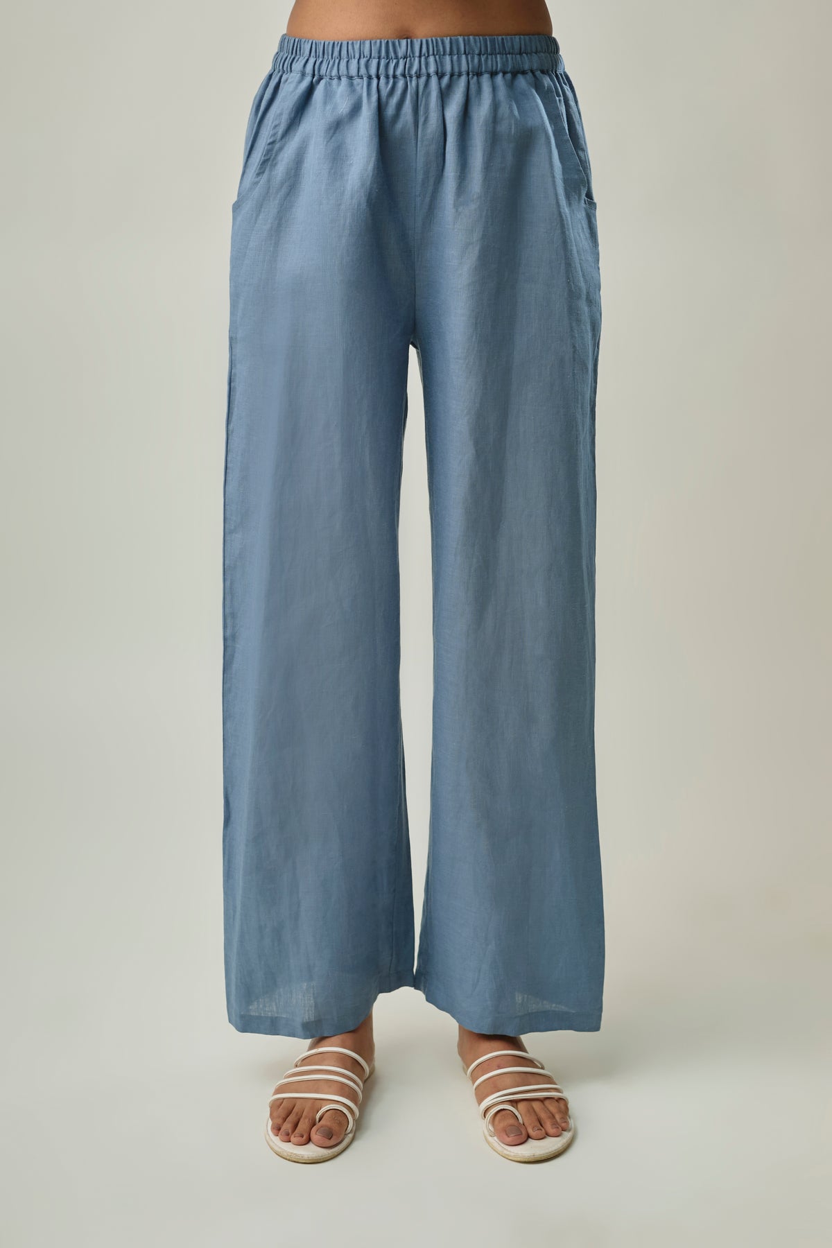 Blue Pure Linen Co-Ord Set With Floral Applique Embroidery