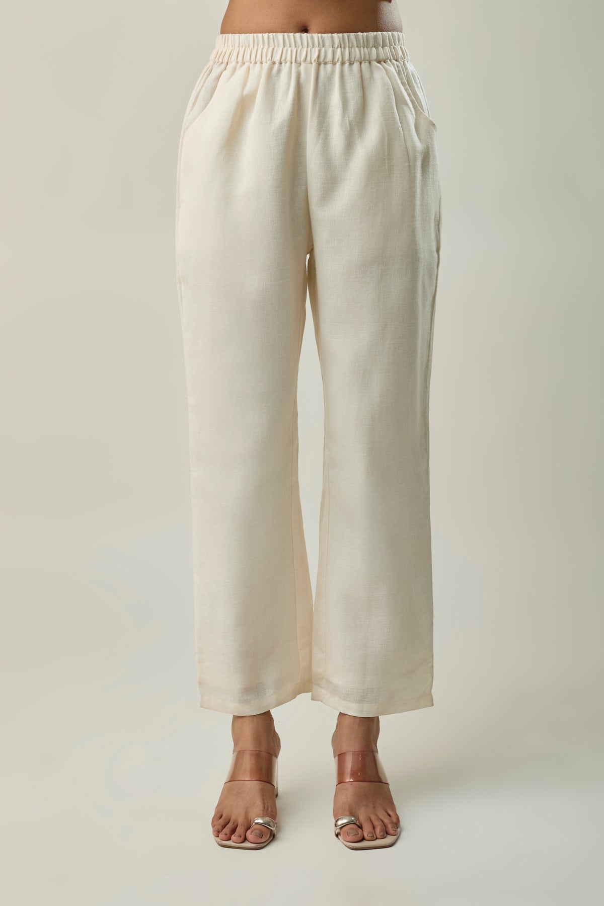 Light Yellow and Ivory Pure Linen Co-Ord Set With Shirt Collar Flower Embroidery