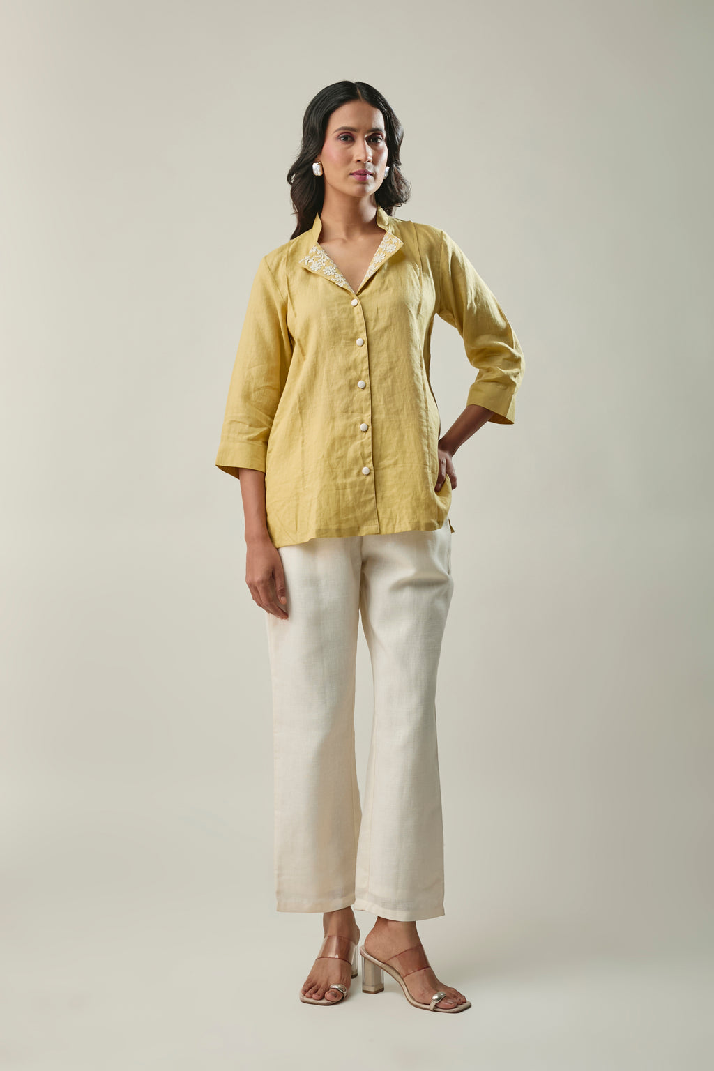 Light Yellow & Ivory pure linen co-ord set front view