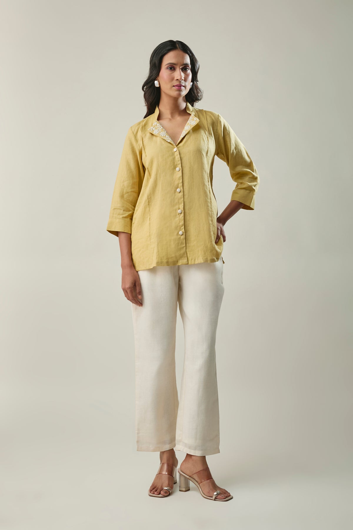 Light Yellow and Ivory Pure Linen Co-Ord Set With Shirt Collar Flower Embroidery