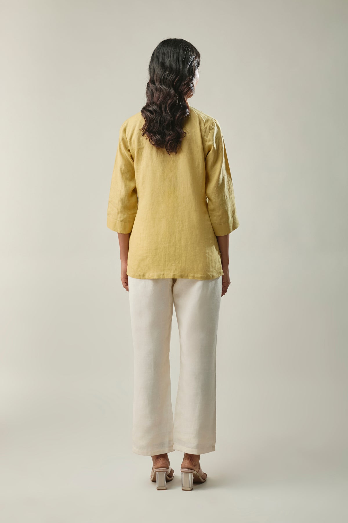 Light Yellow and Ivory Pure Linen Co-Ord Set With Shirt Collar Flower Embroidery