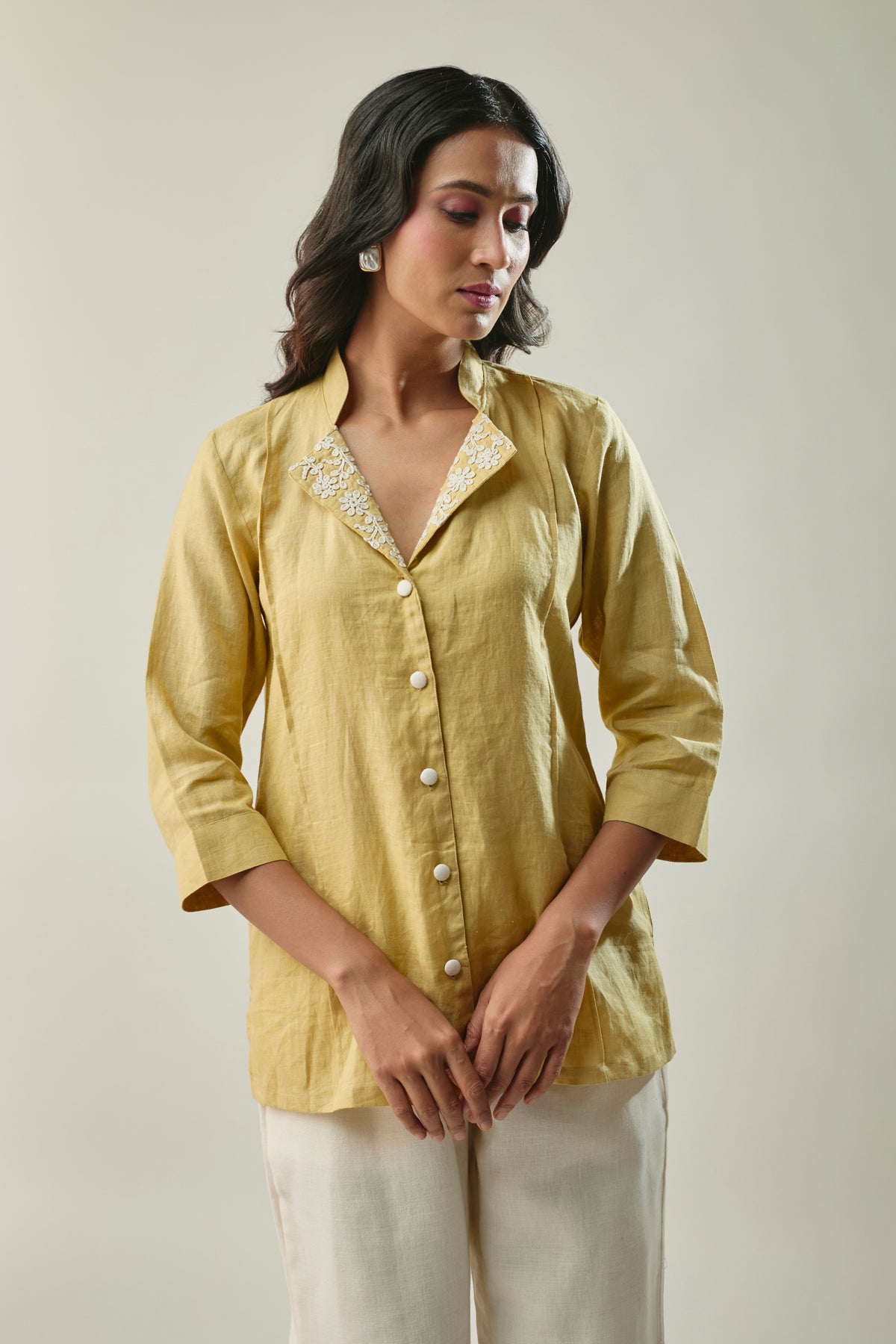 Light Yellow & Ivory co-ord set corded collar embroidery detail