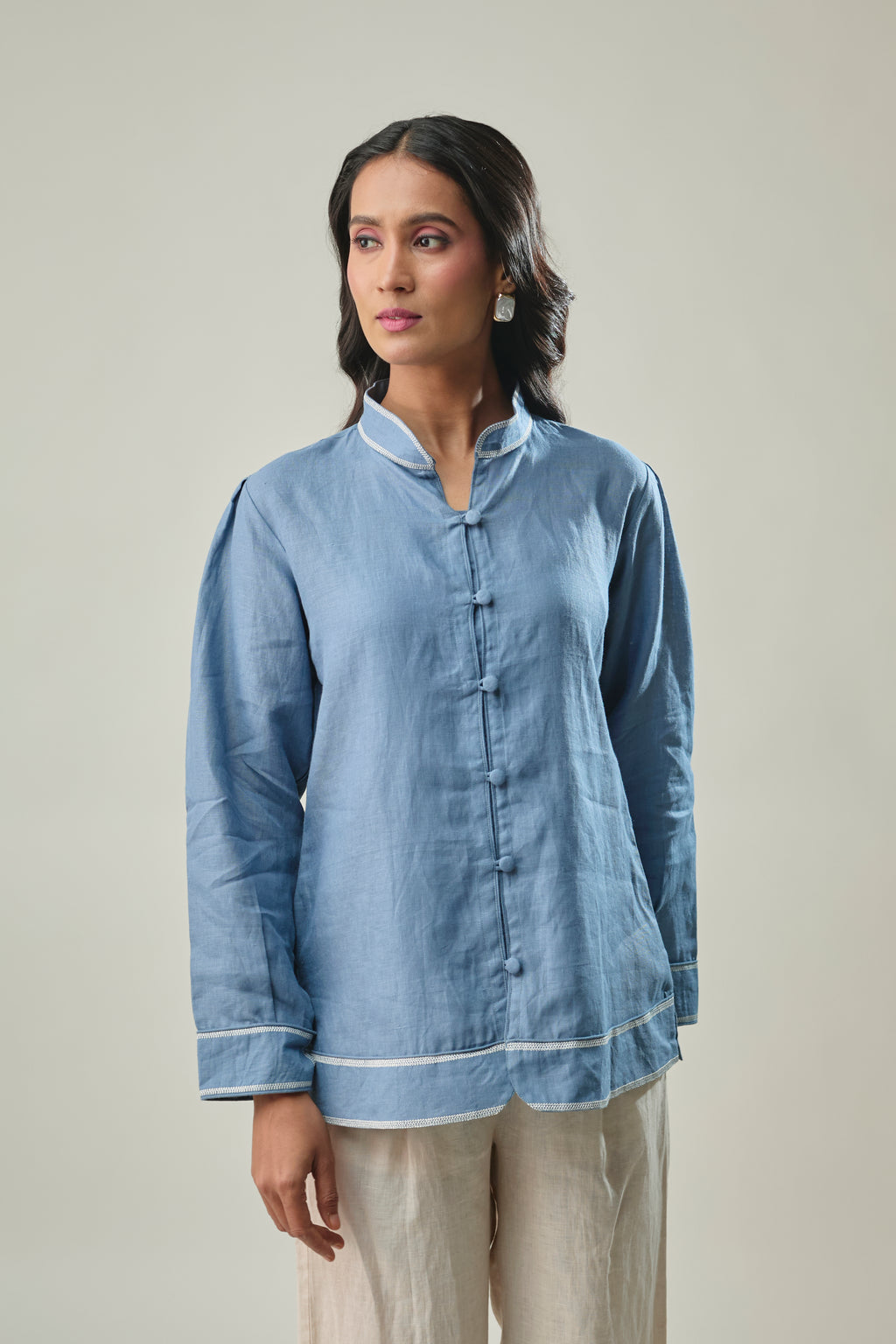 Blue & Ivory co-ord set mandarin collar with contrast piping detail