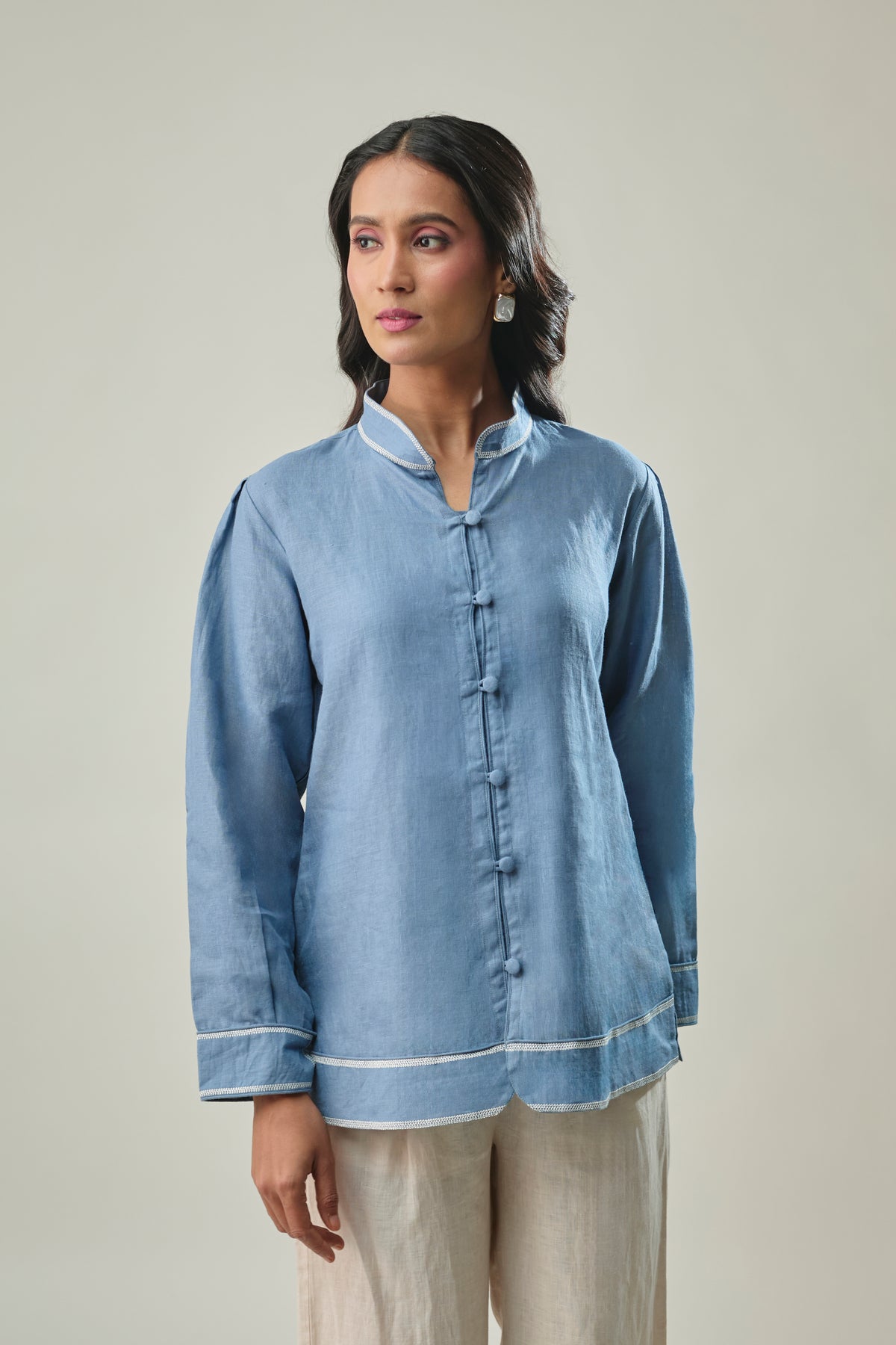 Blue and Ivory Pure Linen Co-Ord Set Mandarin-collar Top with Covered button