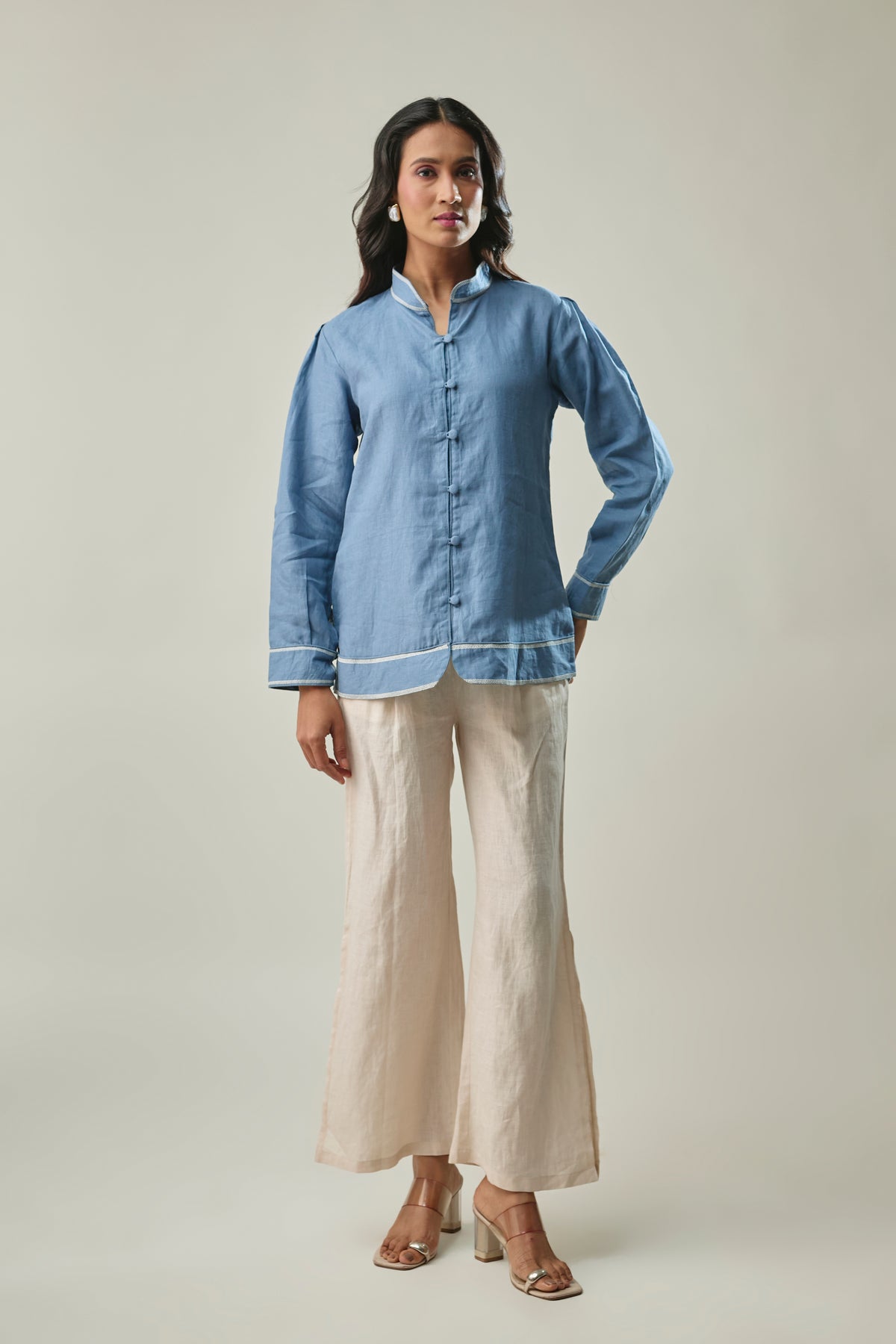 Blue & Ivory pure linen co-ord set front view