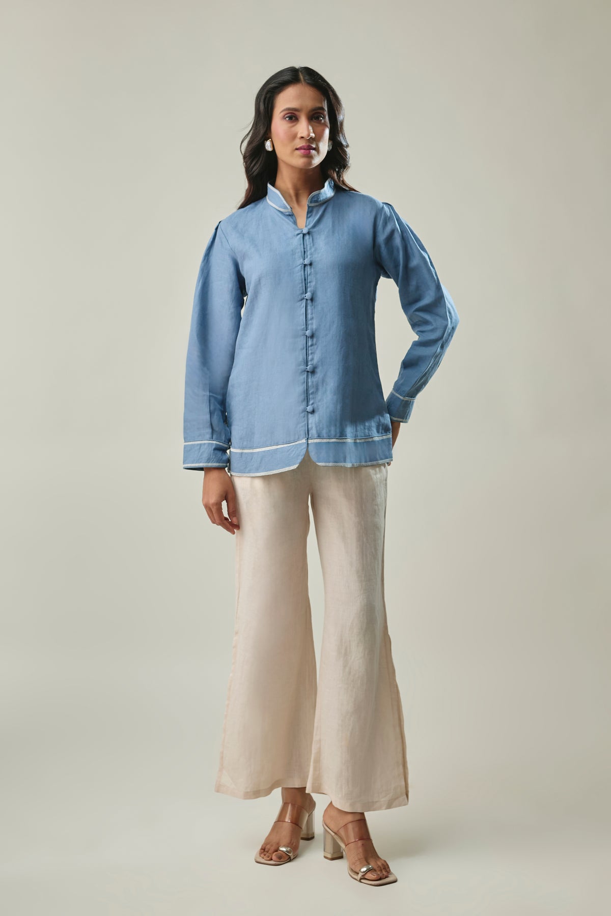 Blue and Ivory Pure Linen Co-Ord Set Mandarin-collar Top with Covered button