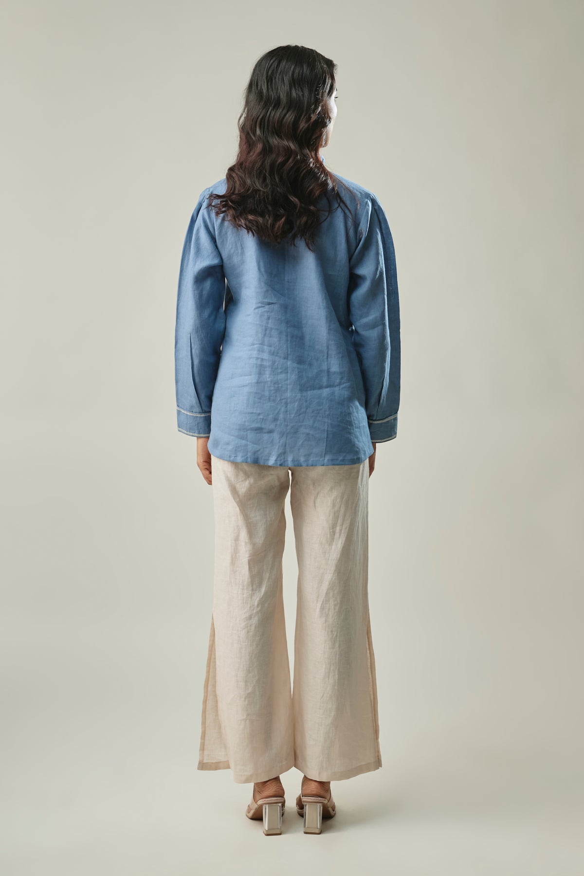Model wearing blue & ivory pure linen co-ord set