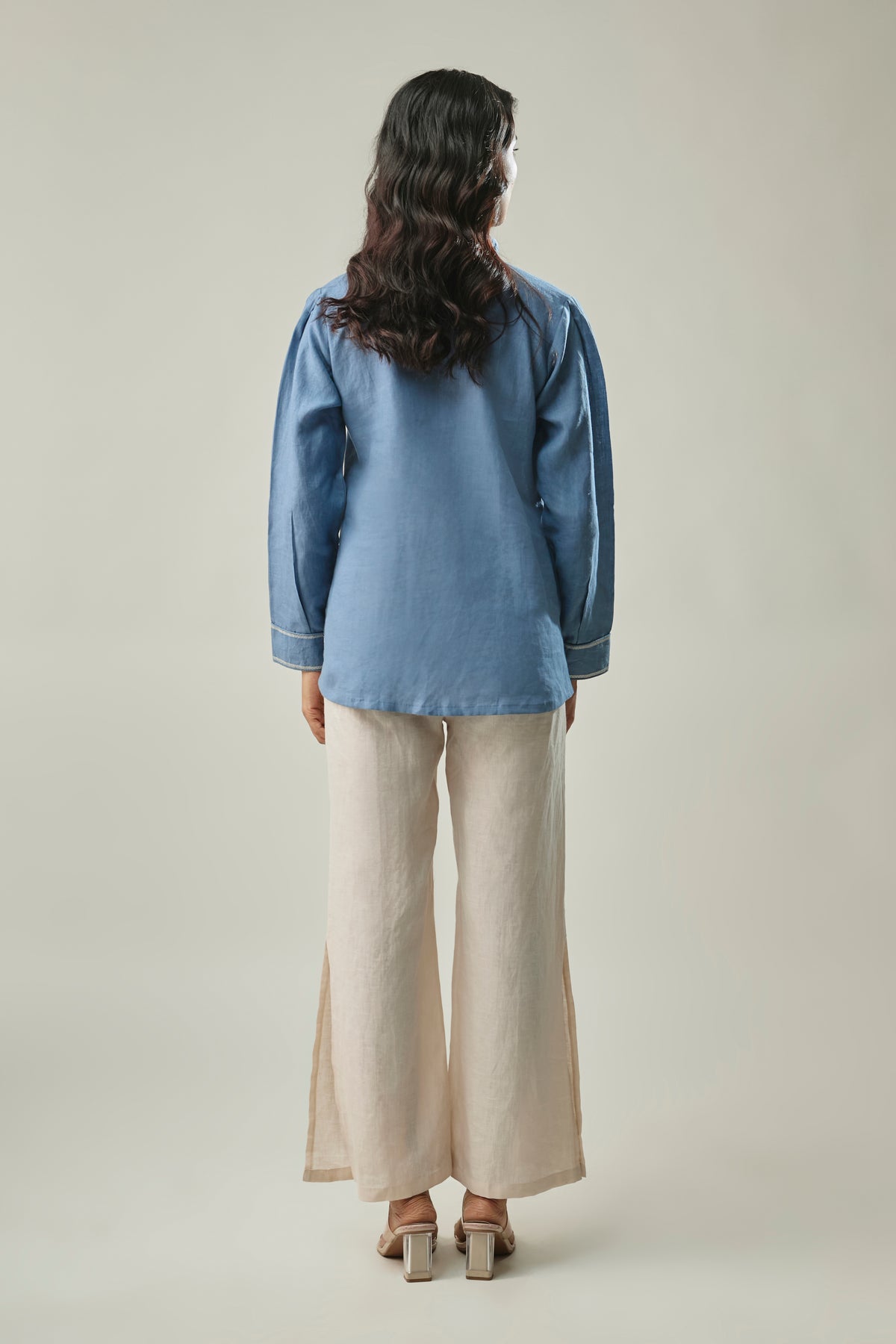 Blue and Ivory Pure Linen Co-Ord Set Mandarin-collar Top with Covered button