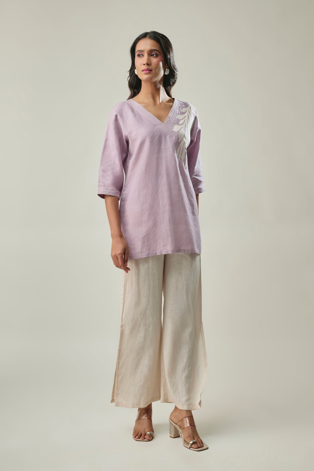 lavender and Ivory Pure Linen Co-Ord Set With leaf applique embroidery