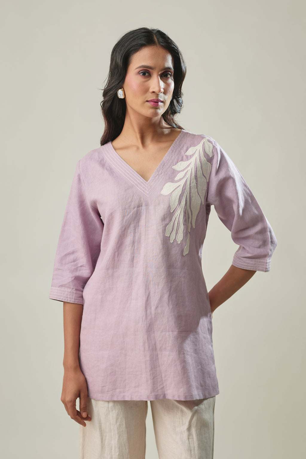 Lavender & Ivory co-ord set leaf appliqué embroidery detail