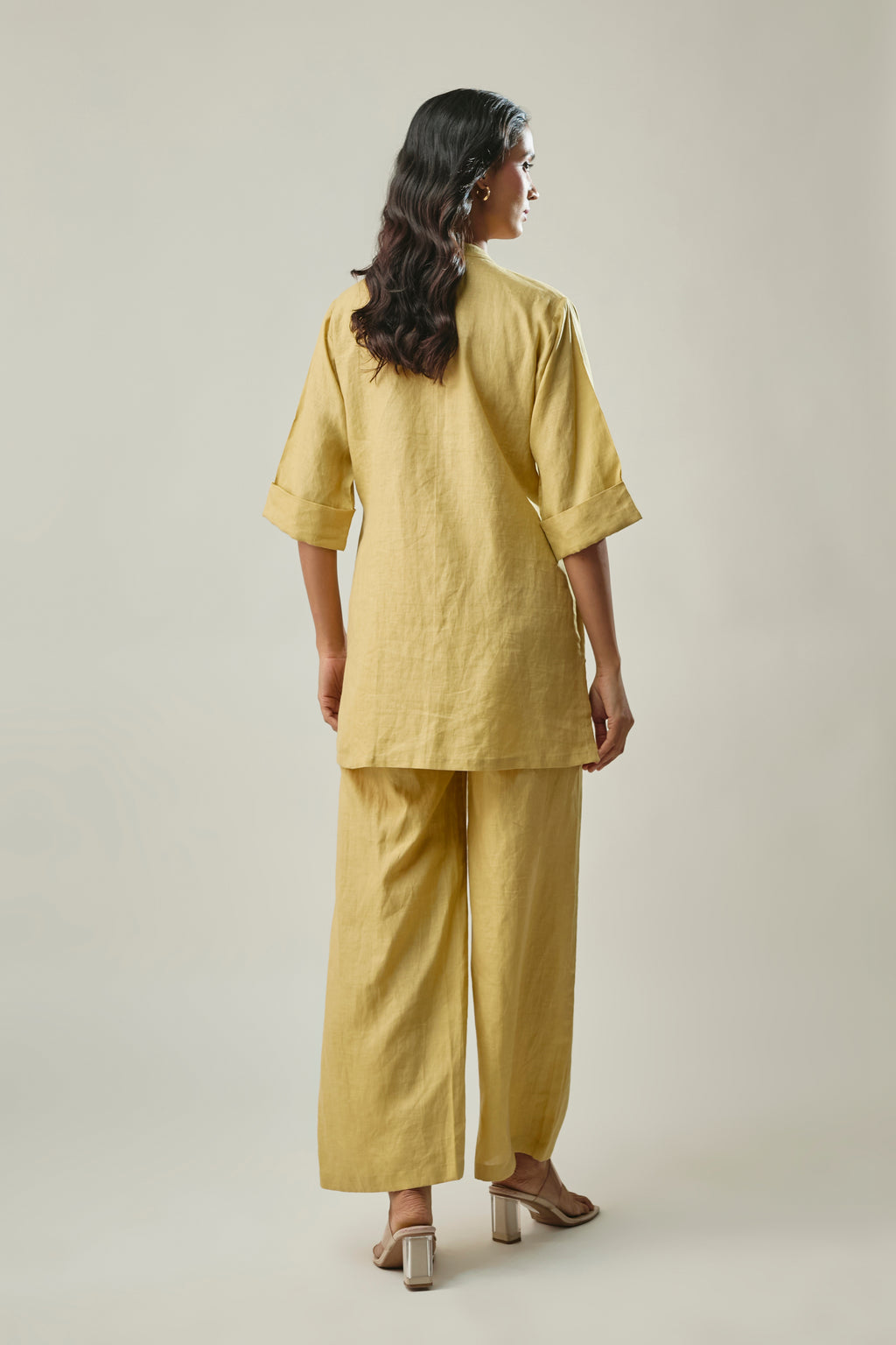 Model wearing mustard pure linen co-ord set