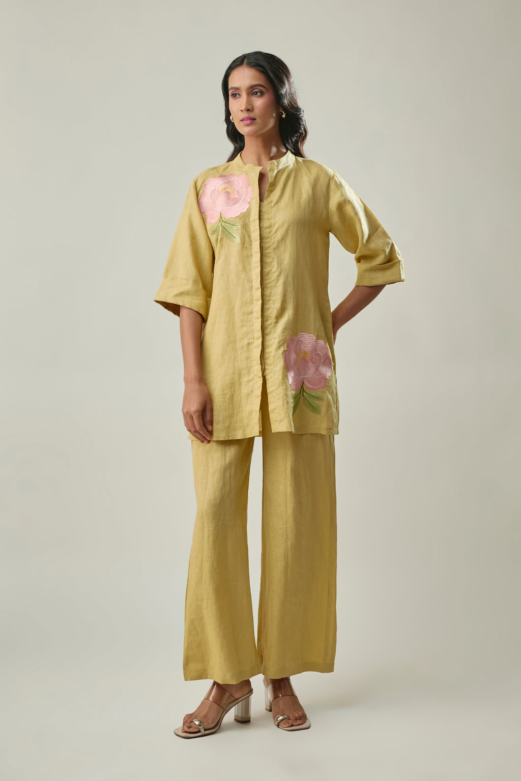 Mustard pure linen co-ord set front view