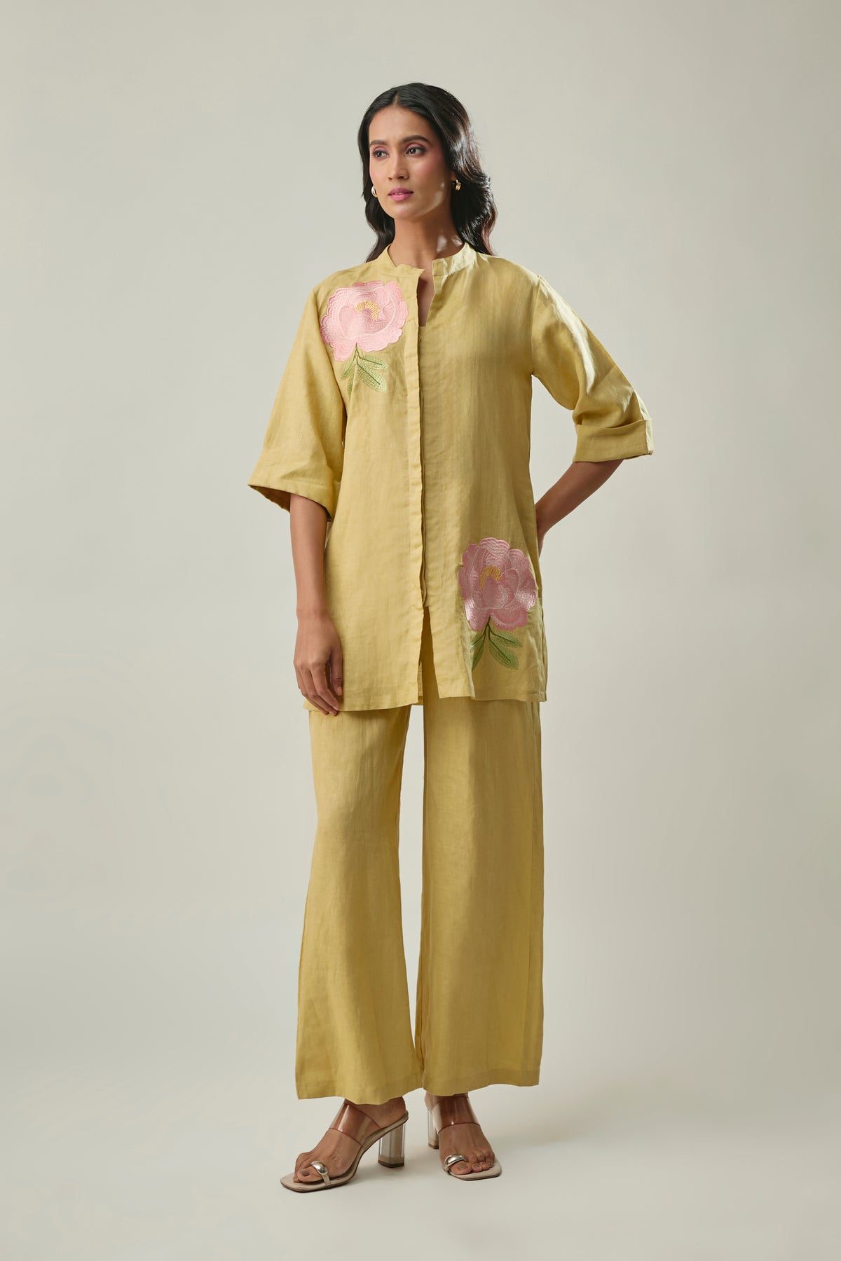 Mustard Pure Linen Co-ord Set with Peach Floral Embroidery