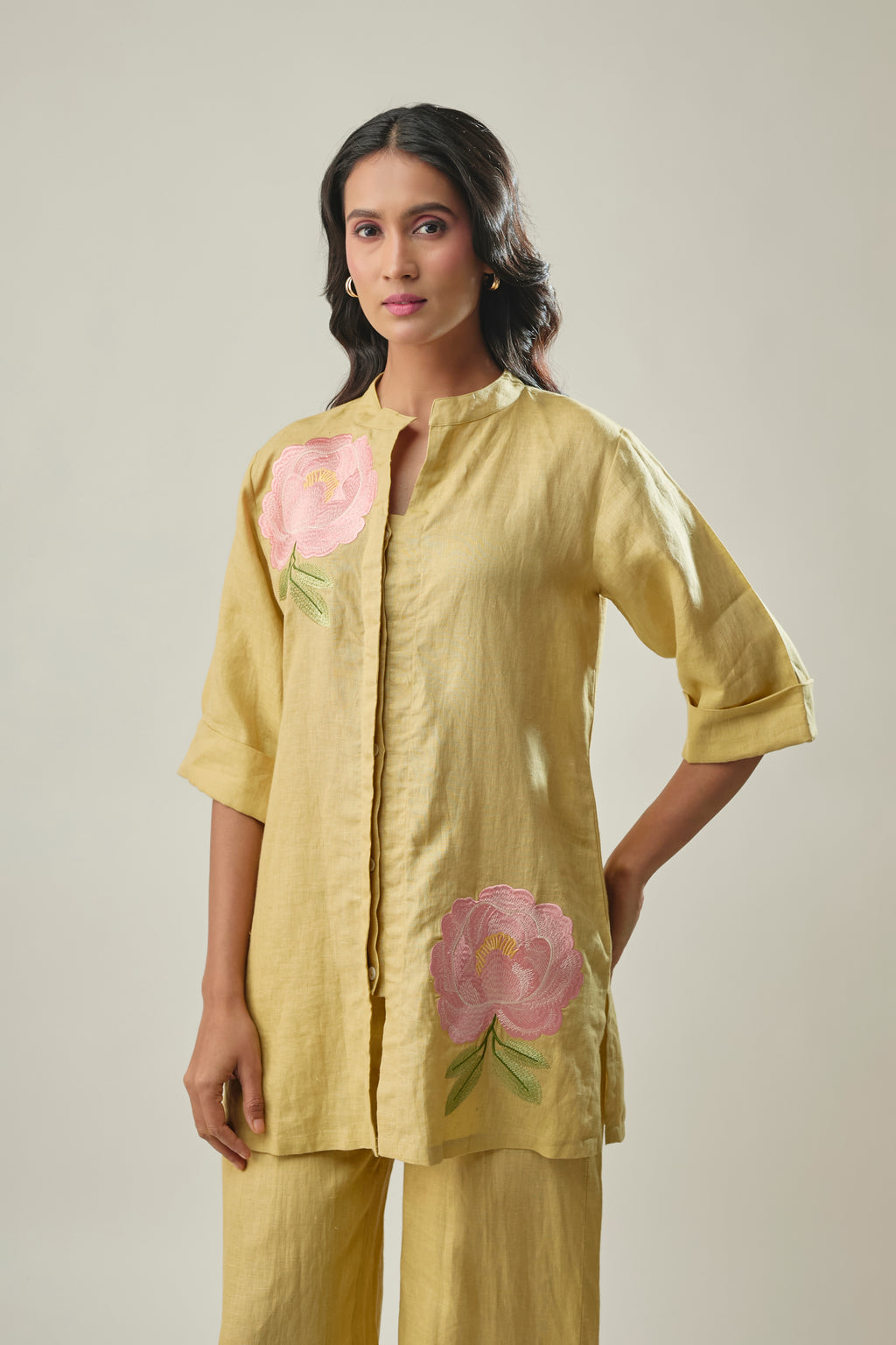 Mustard co-ord set peach floral embroidery detail