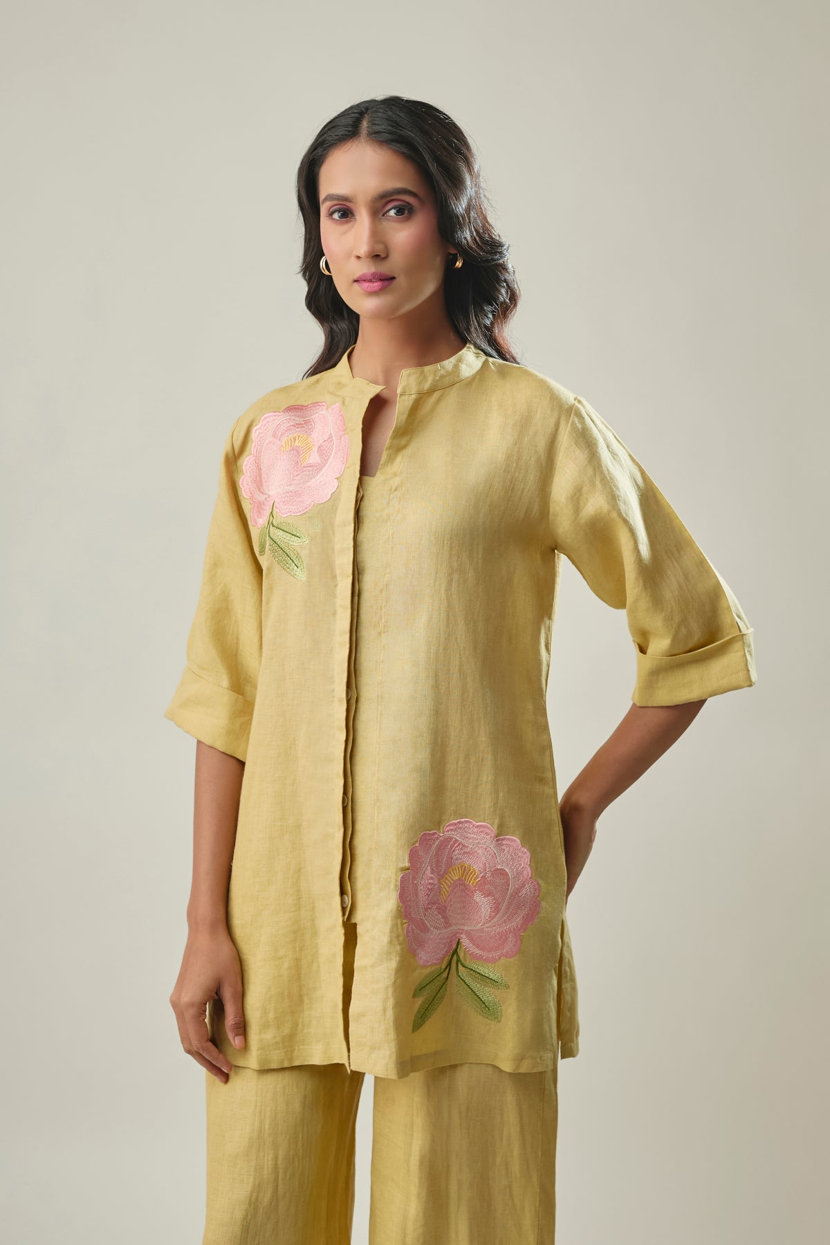Mustard Pure Linen Co-ord Set with Peach Floral Embroidery
