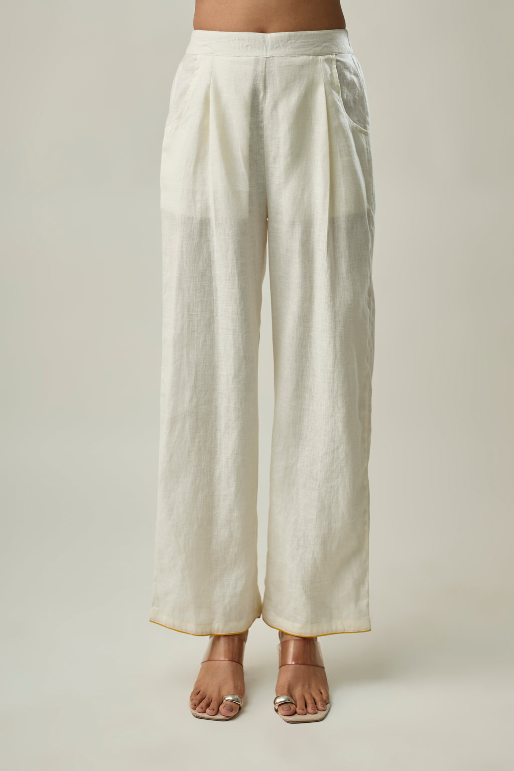 Ivory Pure Linen Co-ord Set with Yellow Floral Appliqué