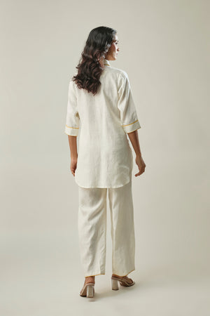 Model wearing ivory pure linen co-ord set