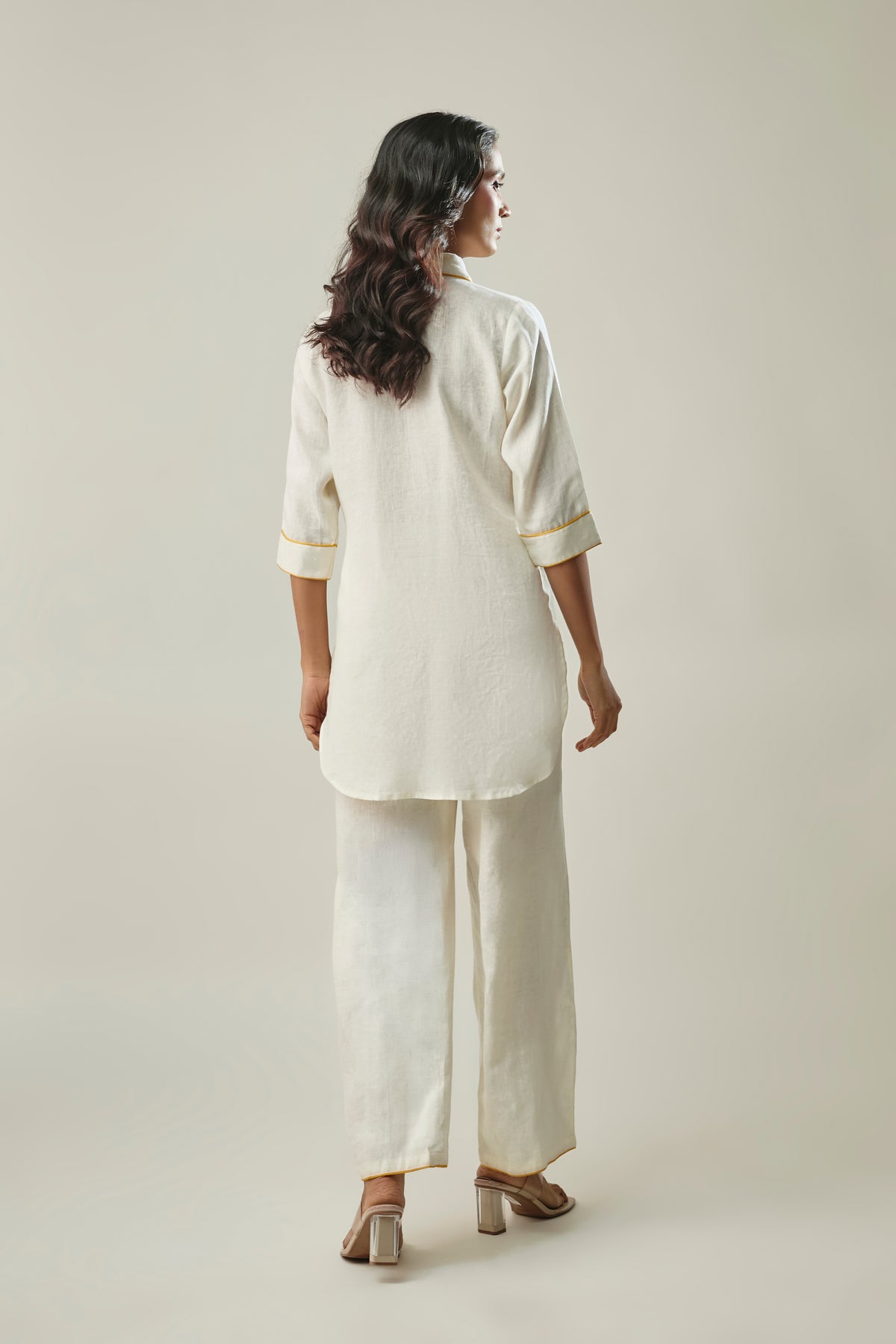 Ivory Pure Linen Co-ord Set with Yellow Floral Appliqué