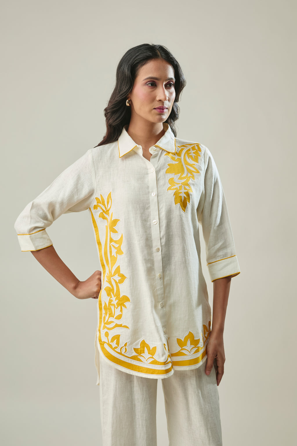Ivory co-ord set yellow floral appliqué embroidery detail 