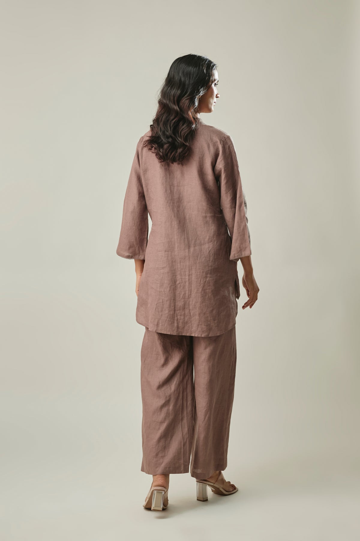 Model wearing brown pure linen co-ord set
