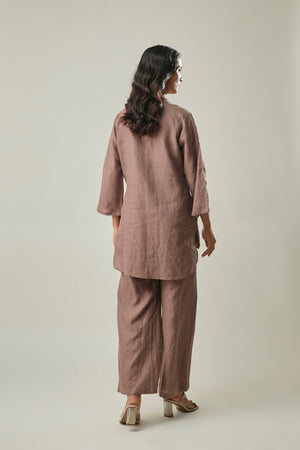 Model wearing brown pure linen co-ord set