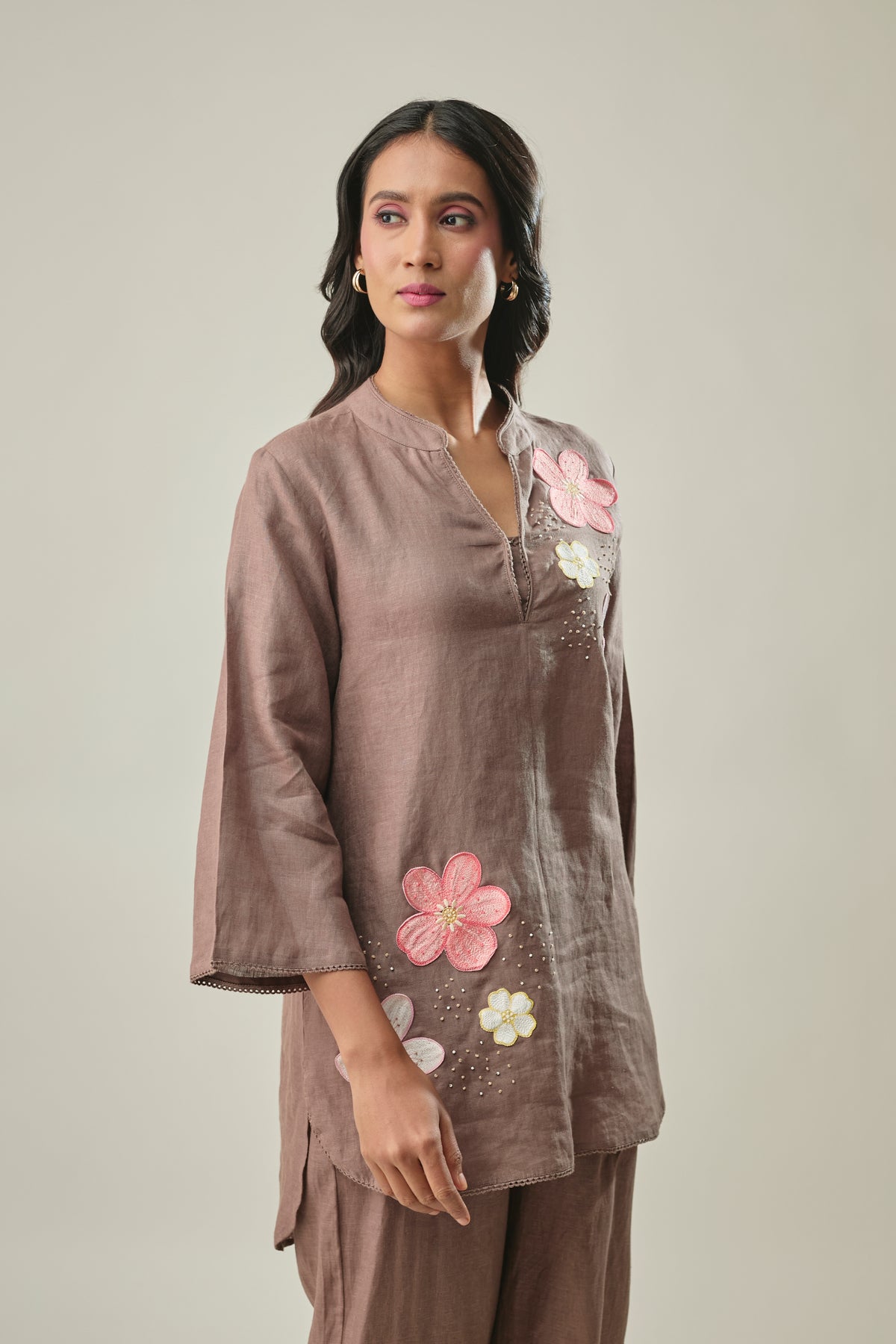 Brown co-ord set floral patch and bead embroidery detail