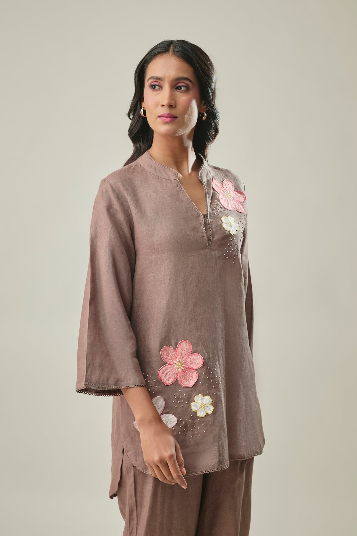 Brown Pure Linen Co-Ord Set With Floral Patch Embroidery