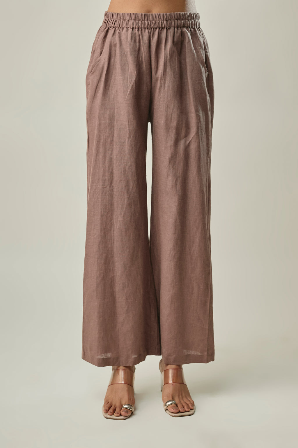 Brown Pure Linen Co-ord Set with Floral Patch Embroidery