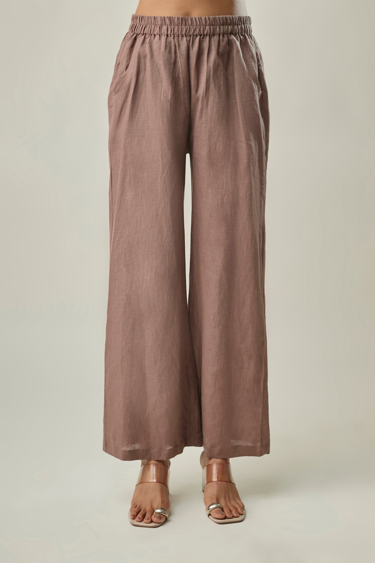 Brown Pure Linen Co-Ord Set With Floral Patch Embroidery