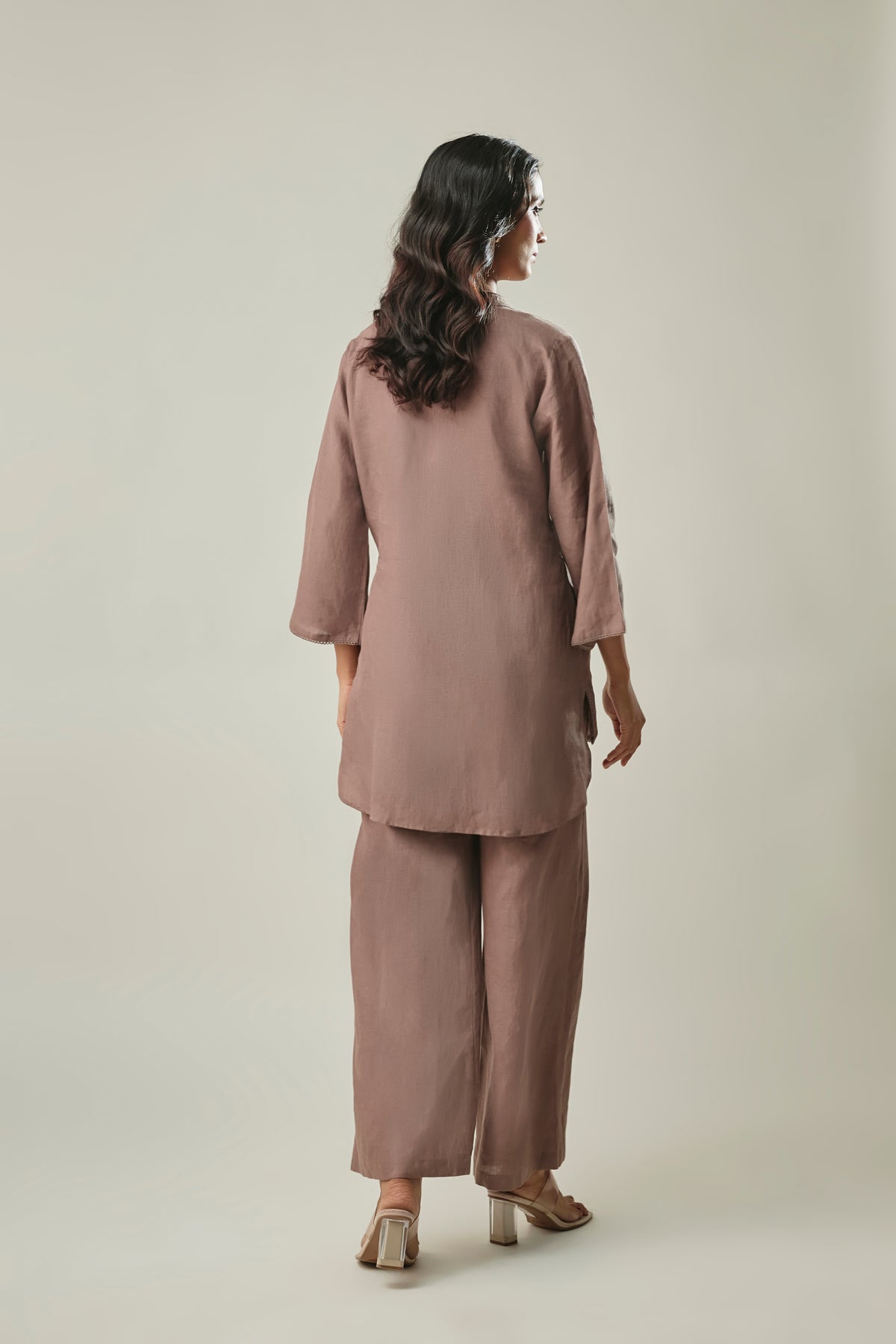 Brown Pure Linen Co-Ord Set With Floral Patch Embroidery