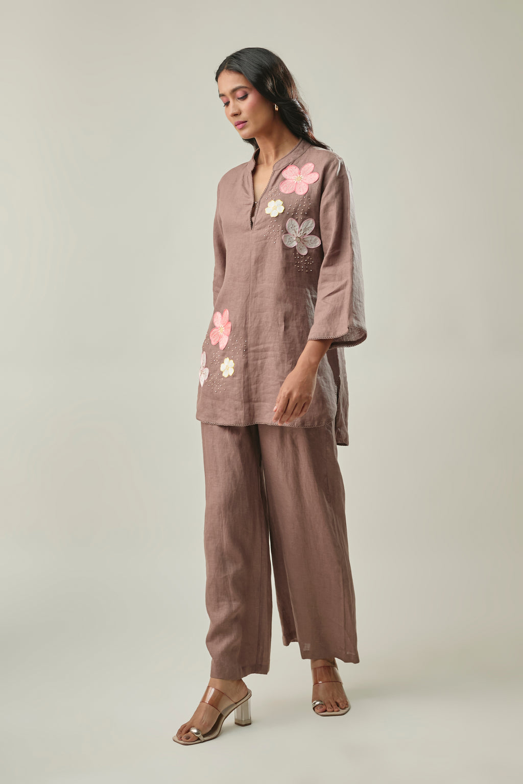Brown pure linen co-ord set front view
