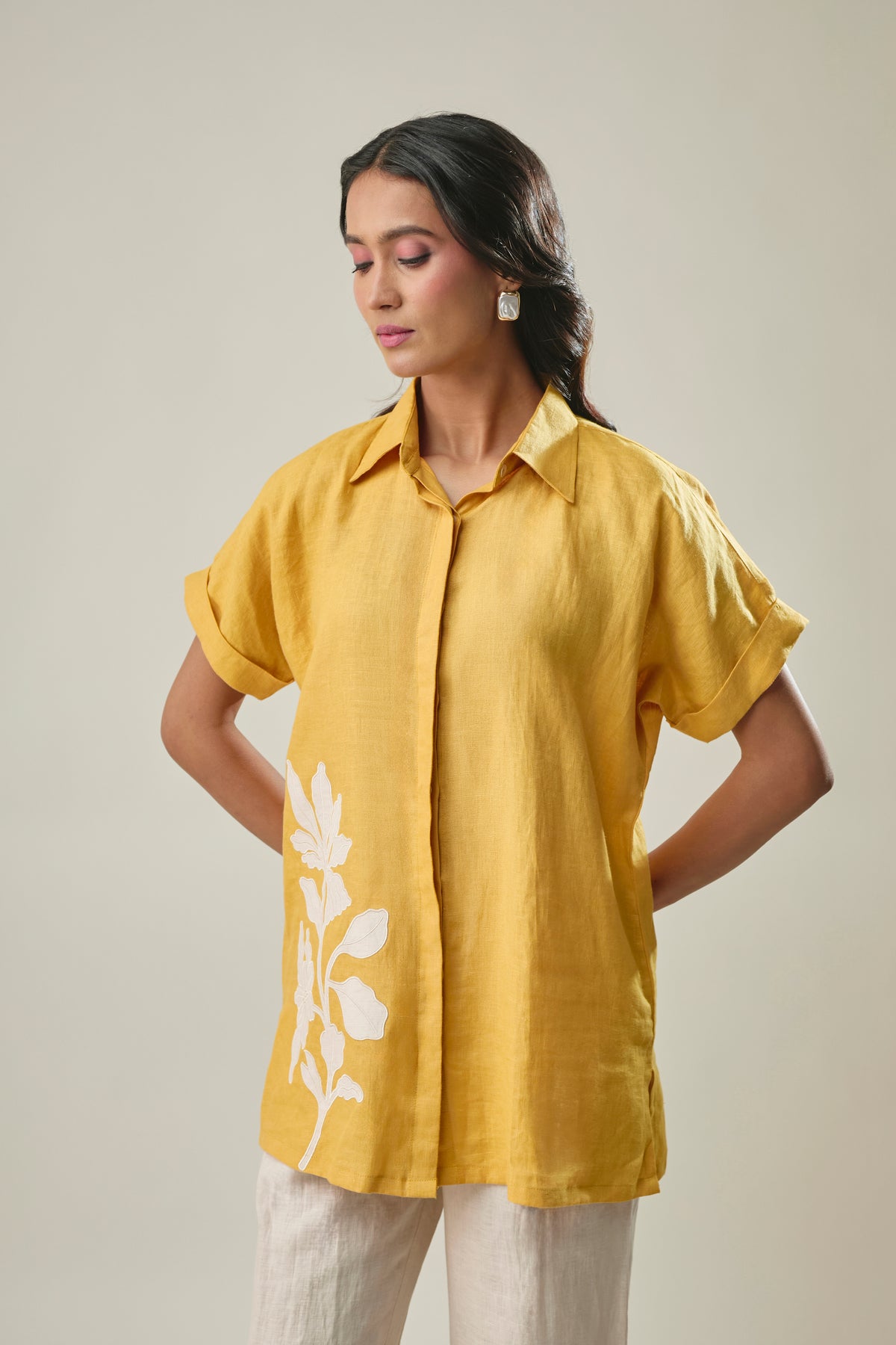 Mustard and Ivory Pure Linen Co-Ord Set With Floral Applique Embroidery