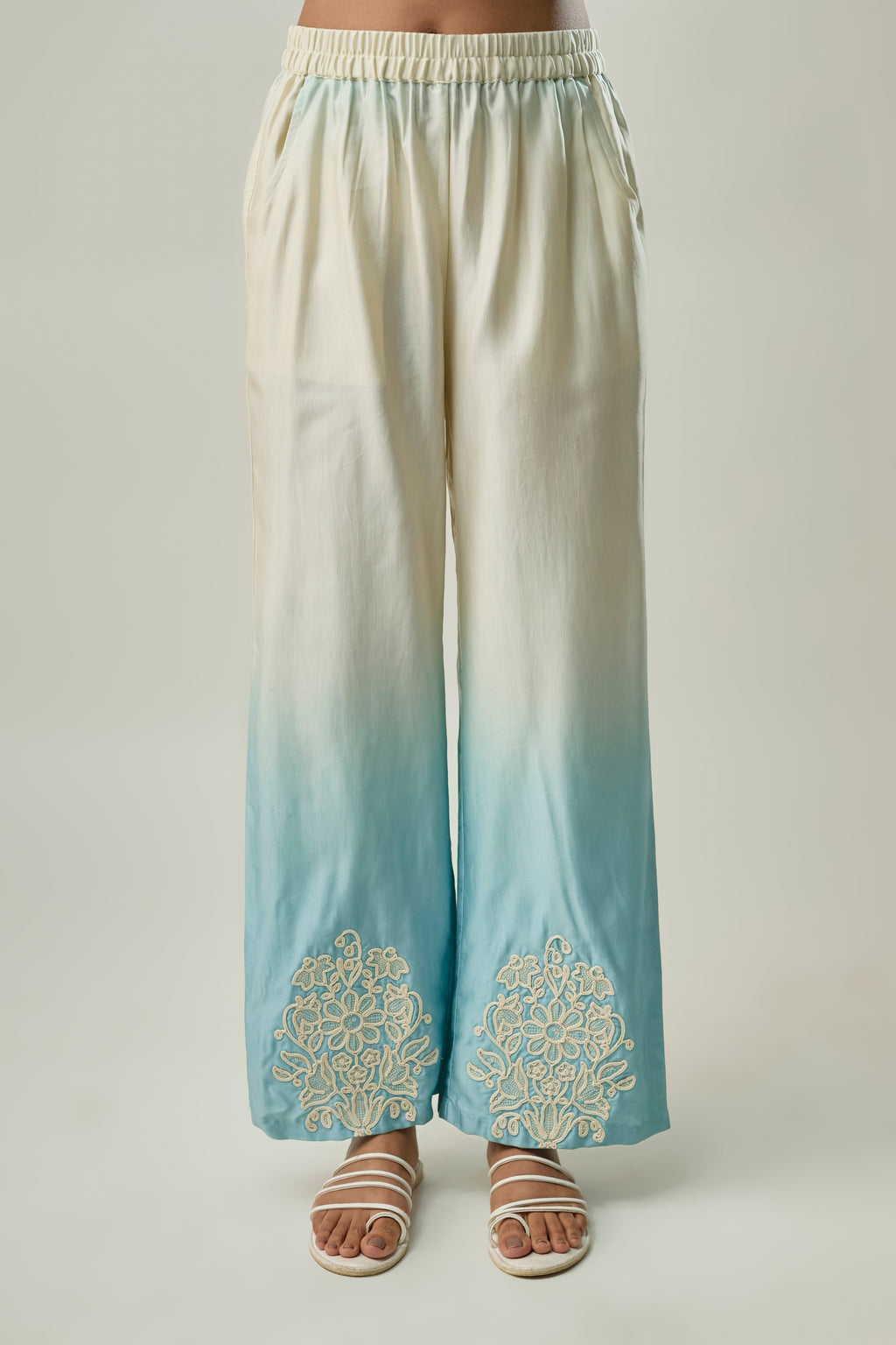 Model wearing sky blue ombre satin linen co-ord set