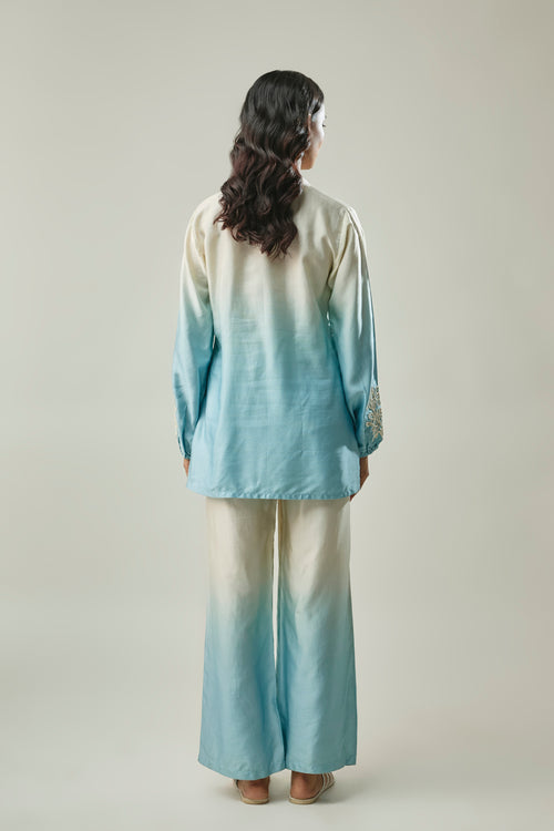 Sky Blue Ombre satin linen co-ord set back view
