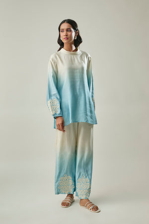 Sky Blue Ombre satin linen co-ord set front view