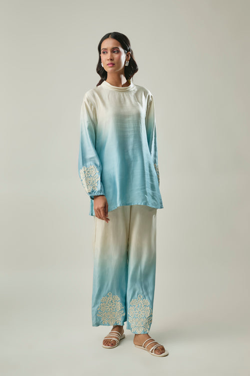 Sky Blue Ombre satin linen co-ord set front view