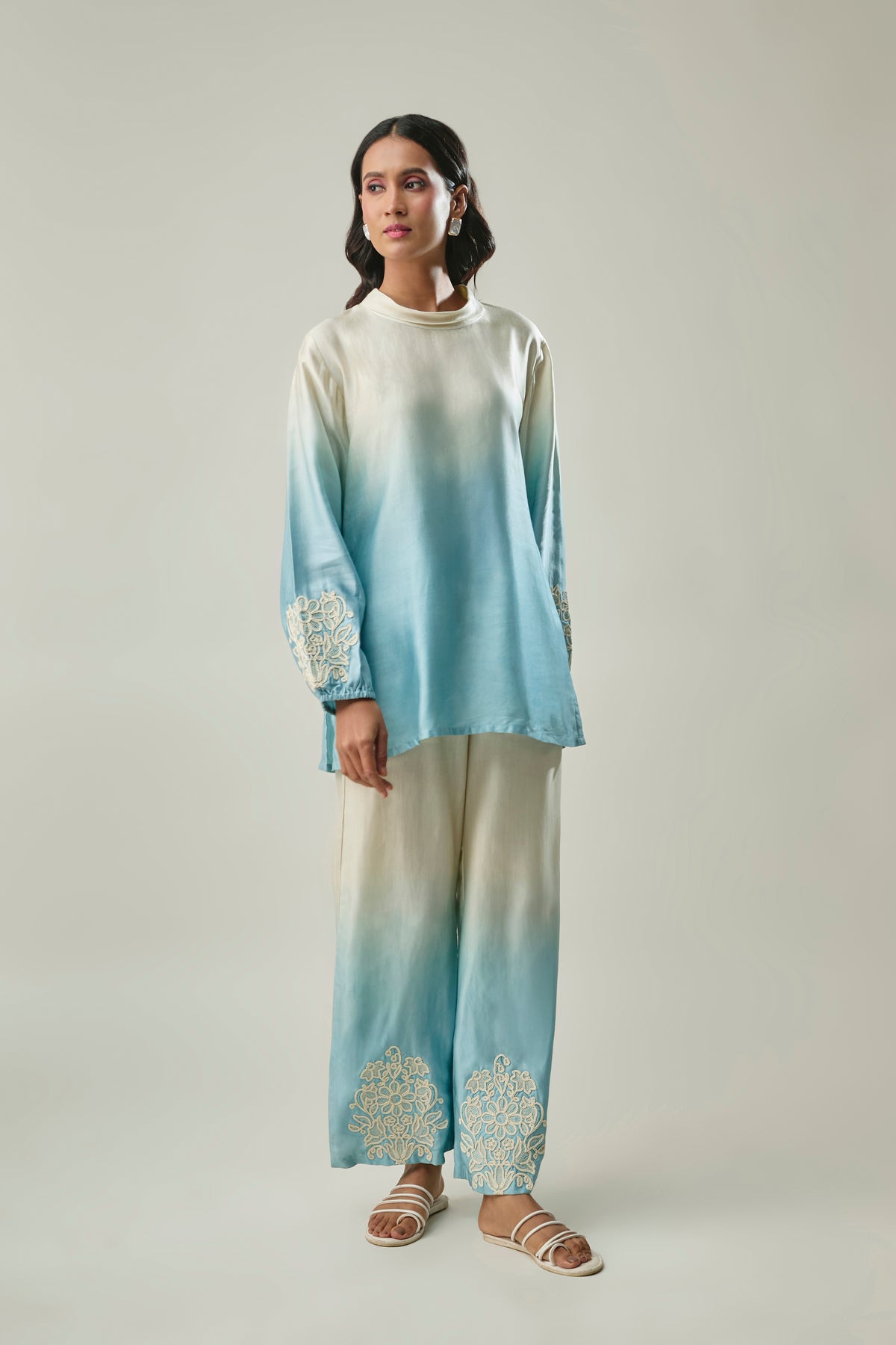 Sky Blue Ombre Satin Linen Co-ord Set with Balloon Sleeves