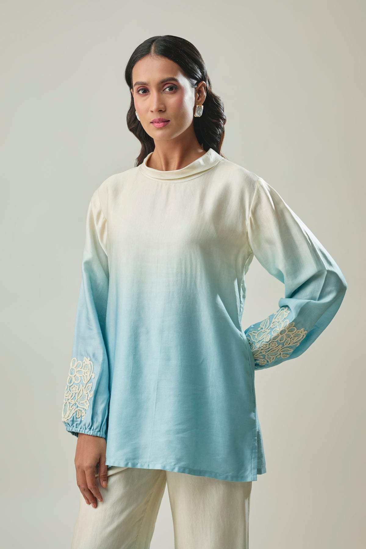 Sky Blue Ombre co-ord set coding embroidery on balloon sleeves detail 